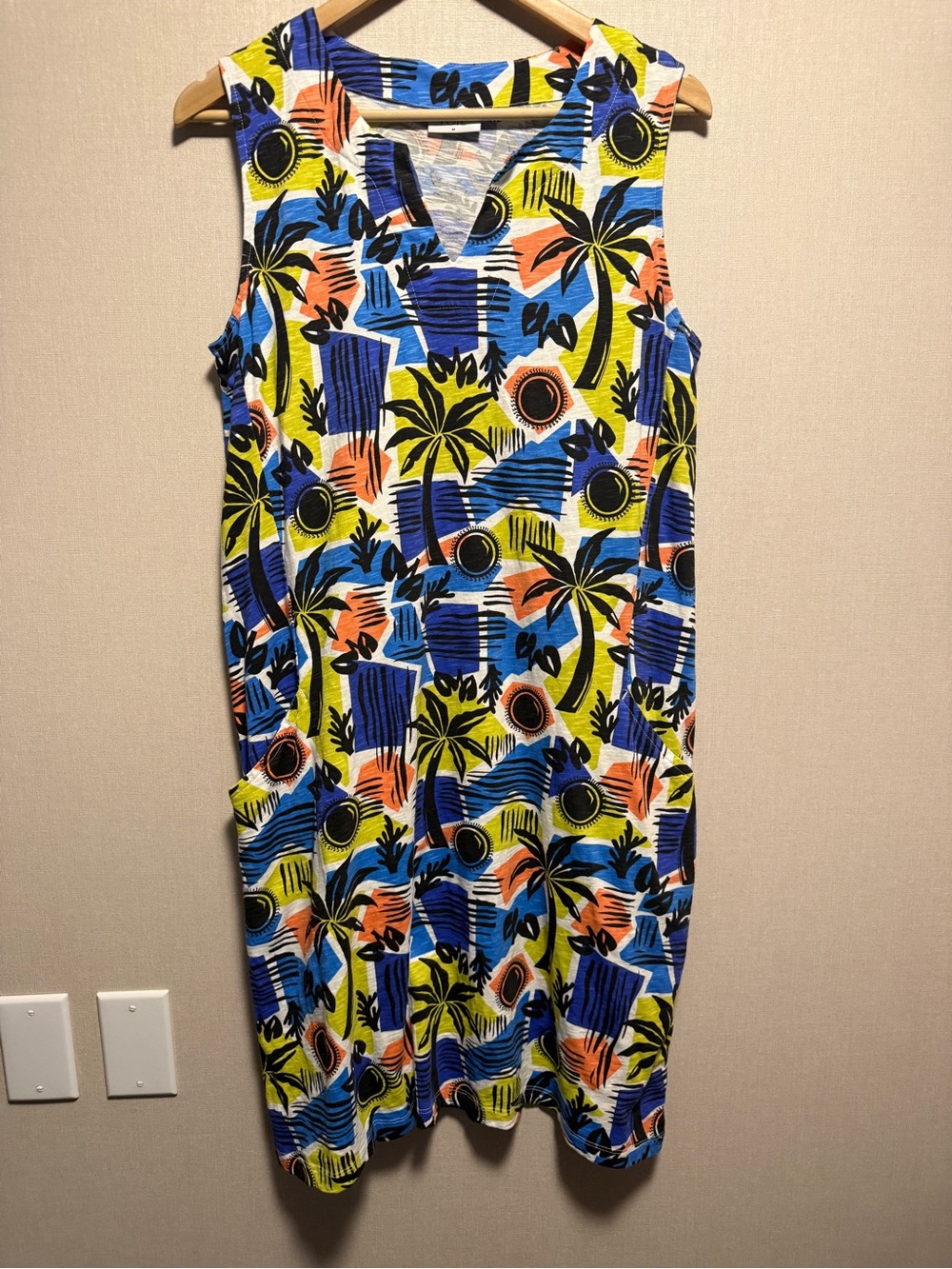 FOIL 100% Cotton Tropical Palm Print Shift Dress Medium Sleeveless Resort